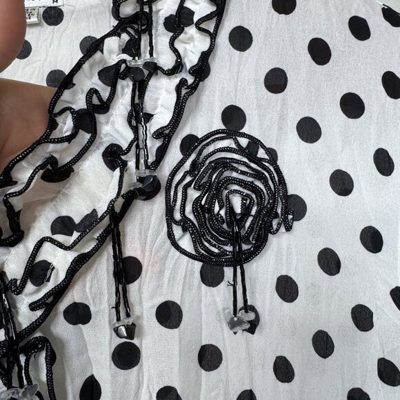 Y2K Jaipur White Black Polka Dot Ruffle Beaded 3-D Floral Applique Blouse Size M - Picture 4 of 11